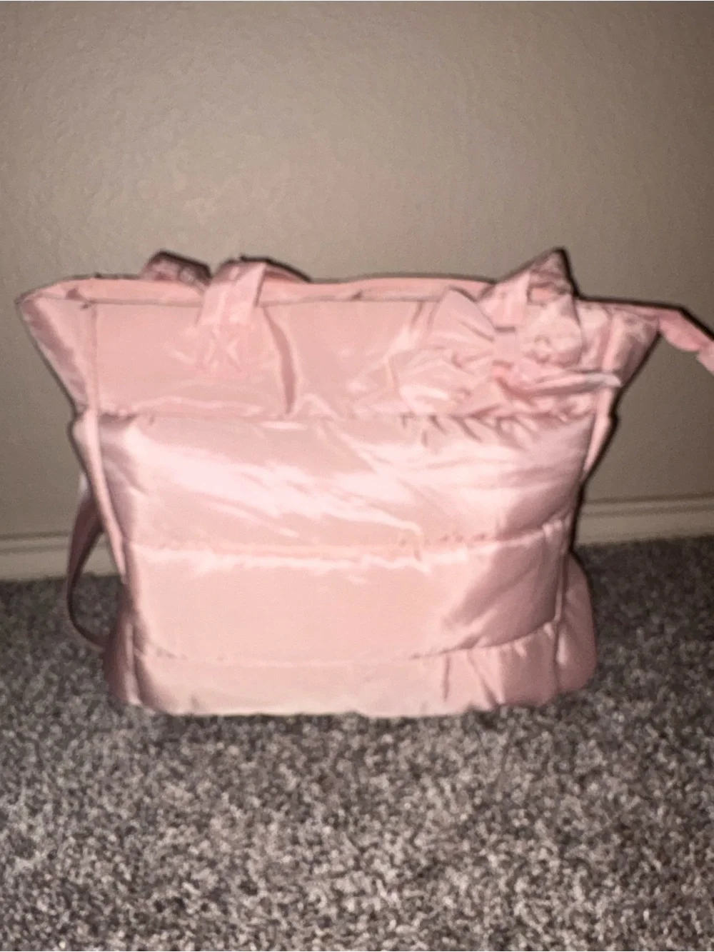 Amazon Pink Quilted Nylon Tote Bag with Flower Accent